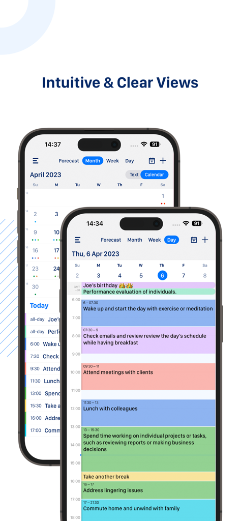 Tiny Calendar Pro - Interfaz de la aplicación Tiny Calendar Pro que muestra vistas de calendario mensuales y diarias en iPhone.