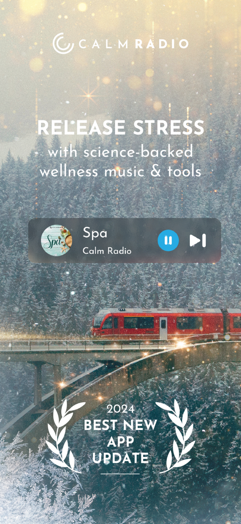 Calm Radio - Music to Relax - Interfaz de la aplicación Calm Radio con música de bienestar para aliviar el estrés sobre un paisaje invernal escénico