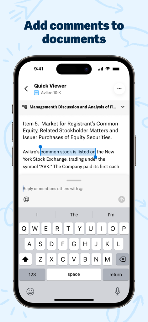 Workiva - Aggiunta di commenti a un documento finanziario nell'app mobile Workiva.