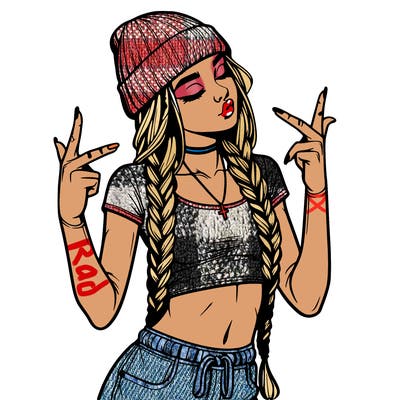 realistic teenage girl with braids and a beanie and crop top doing 🫶🏼