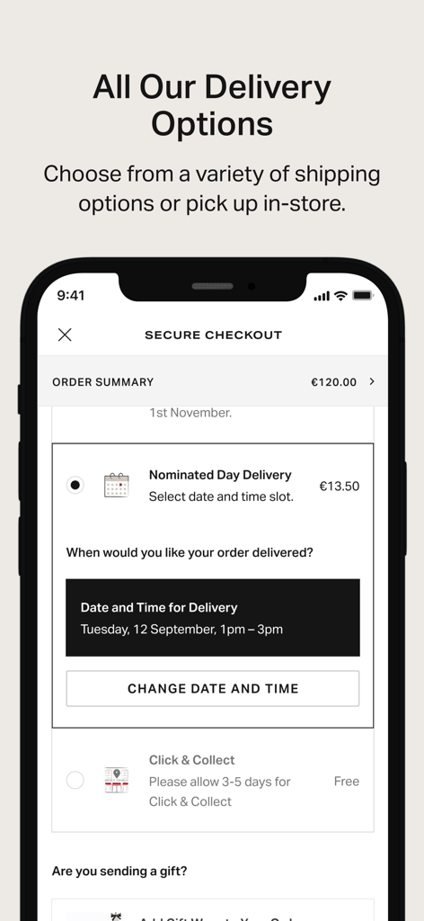 Brown Thomas - Brown Thomas mobile app secure checkout screen showing nominated day delivery and click and collect options