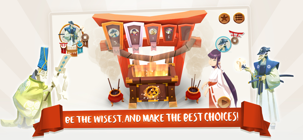 Personajes del juego de mesa digital de pie frente a una puerta torii roja en la aplicación Tokaido.