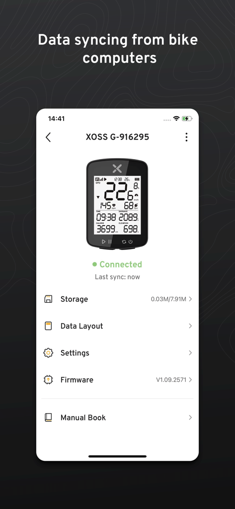 XOSS app showing a bike computer connected for data syncing