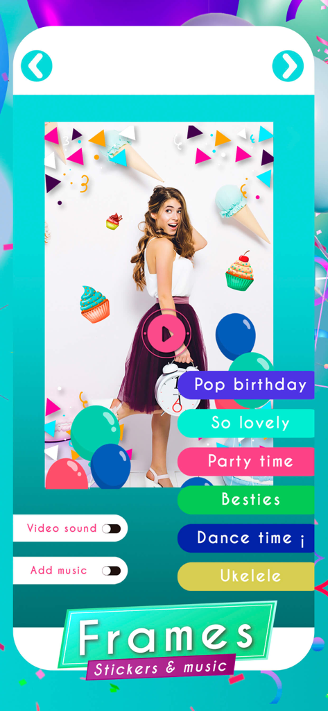 video invitations for birthday - Interface of a birthday video invitation app showing frames and music selection for personalized greetings.