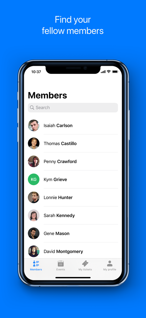 Member directory screen in the Wild Apricot app showing a list of names and profile photos