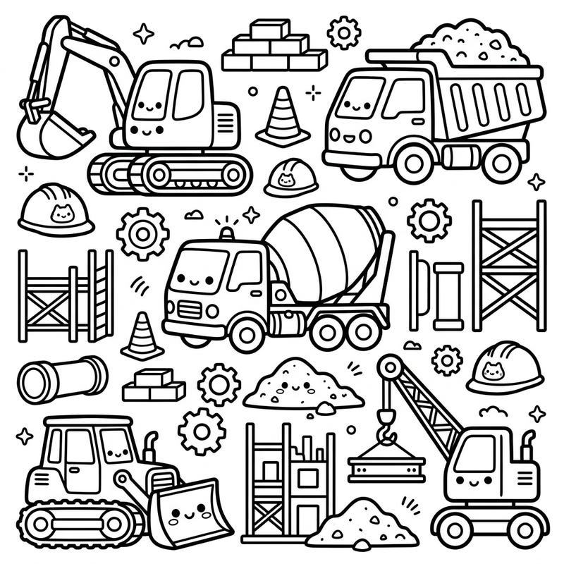 Get ready for an adorable construction adventure with this charming kawaii coloring page! Featuring a fleet of cute-faced trucks, excavators, and building site elements, it promises hours of creative fun for all ages.
