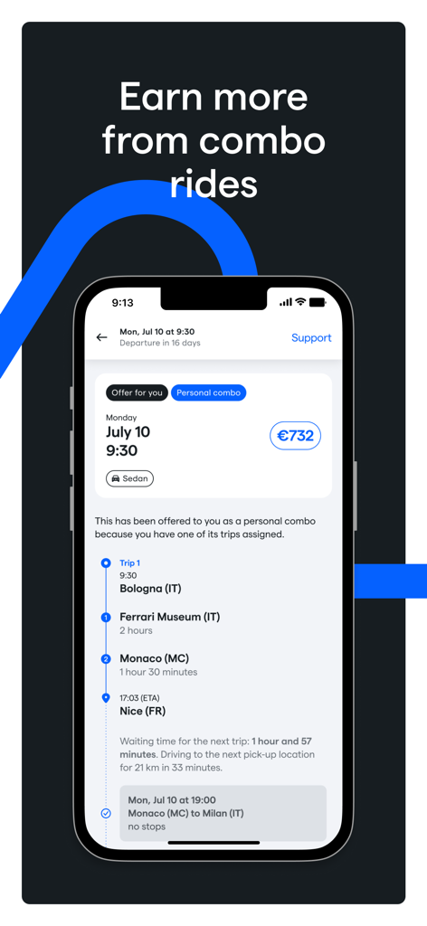 Daytrip Driver - Interfaz de la aplicación Daytrip Driver que muestra una oferta de viaje combinado personal con altas ganancias y una ruta con múltiples paradas