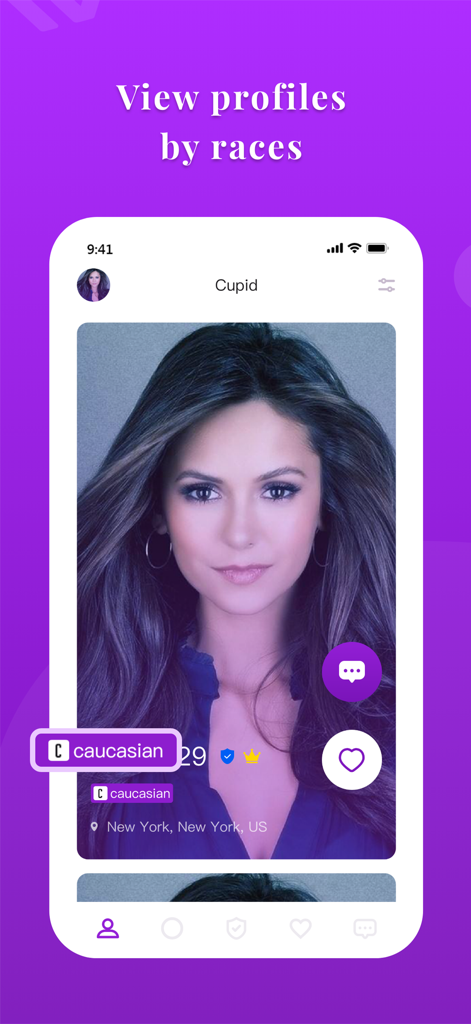 Interracial Dating - ICupid - ICupid app interface showing a dating profile with a caucasian race filter tag