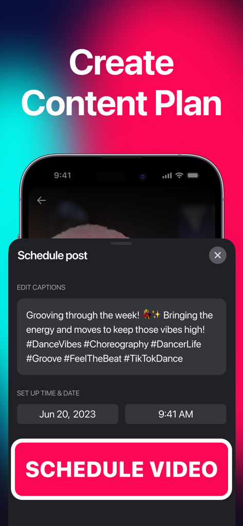 TikDown: Save TikTok Video - Interface of TikDown app showing the schedule post screen with caption editing and date selection