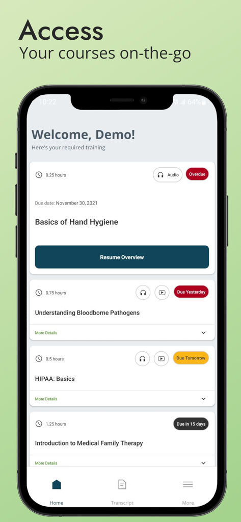 Dashboard der Relias Learner App, das eine Liste obligatorischer Schulungskurse im Gesundheitswesen und bevorstehende Fristen anzeigt