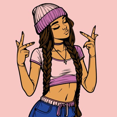 realistic teenage girl with braids and a beanie and crop top doing 🫶🏼