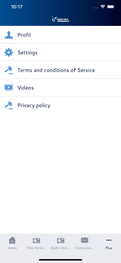 Radio Tele Hirondelle - Menu screen of Radio Tele Hirondelle app with profile and settings options