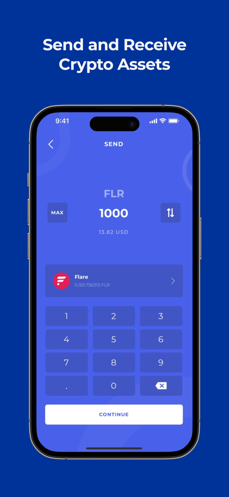 Bifrost Wallet mobile interface on an iPhone showing a screen to send Flare FLR tokens with a numeric keypad and balance information.