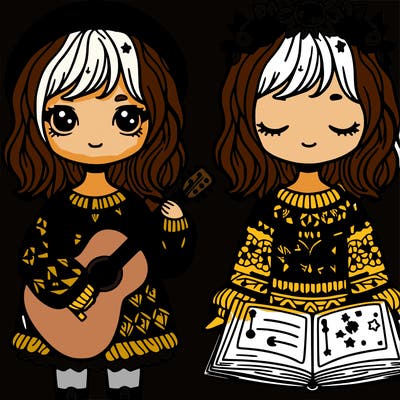 girl in a crochet sweater with guitar and a spell book