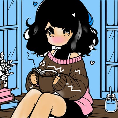 cute anime girl reading book and drinking hot chocolate from mug with loose wavy hair wearing a baggy sweatshirt and shorts sitting by windowsill looking out