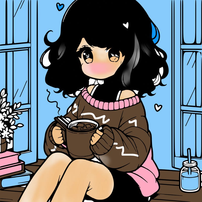 cute anime girl reading book and drinking hot chocolate from mug with loose wavy hair wearing a baggy sweatshirt and shorts sitting by windowsill looking out