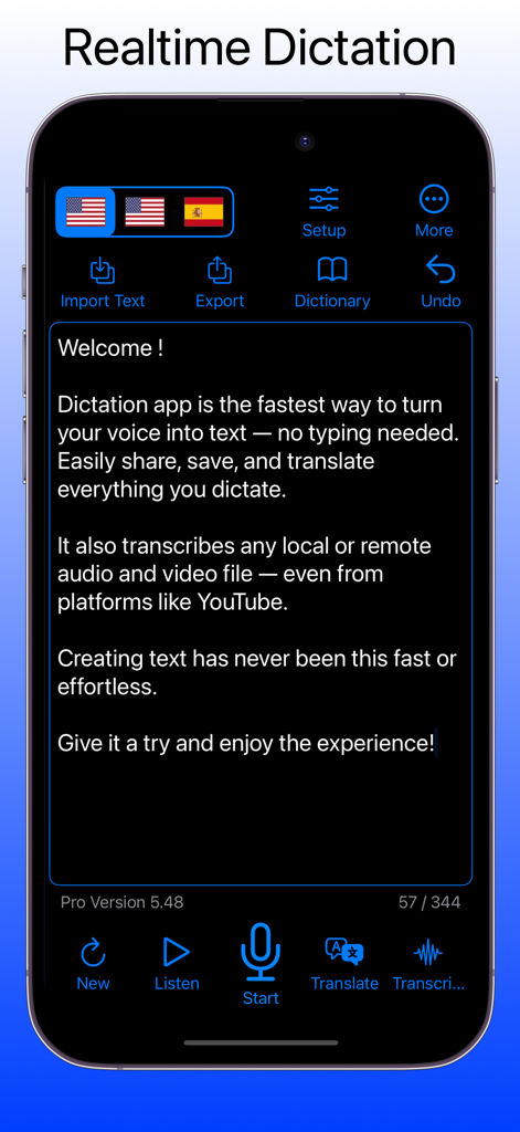 Mobile application interface showing real-time voice to text dictation and transcription features