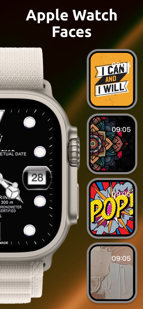 A collection of premium and aesthetic Apple Watch faces including pop art and motivational quotes
