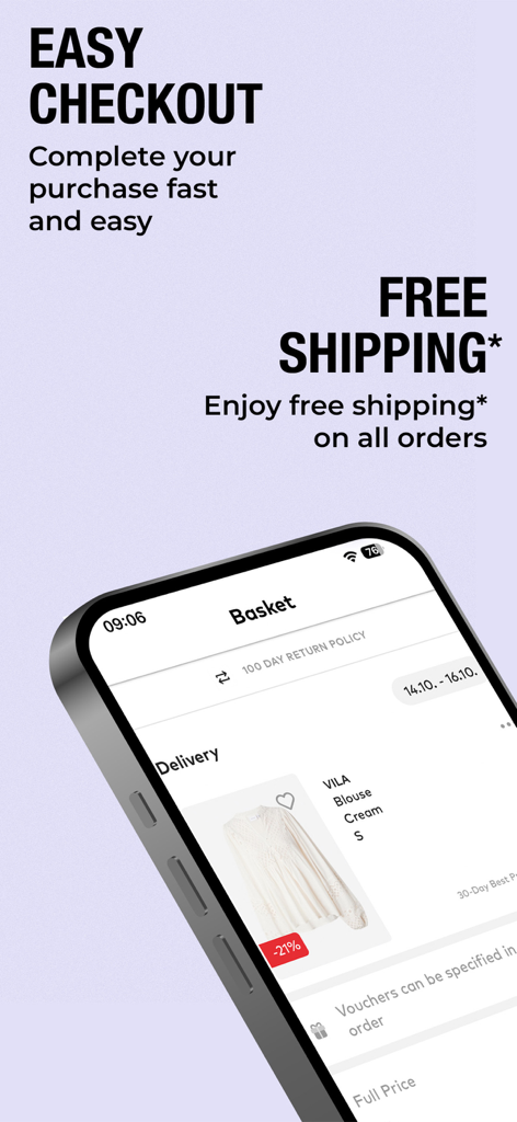 ABOUT YOU Online Fashion Shop - L'interface de l'application ABOUT YOU présente un processus de paiement simplifié et une offre de livraison gratuite pour les achats de mode en ligne.