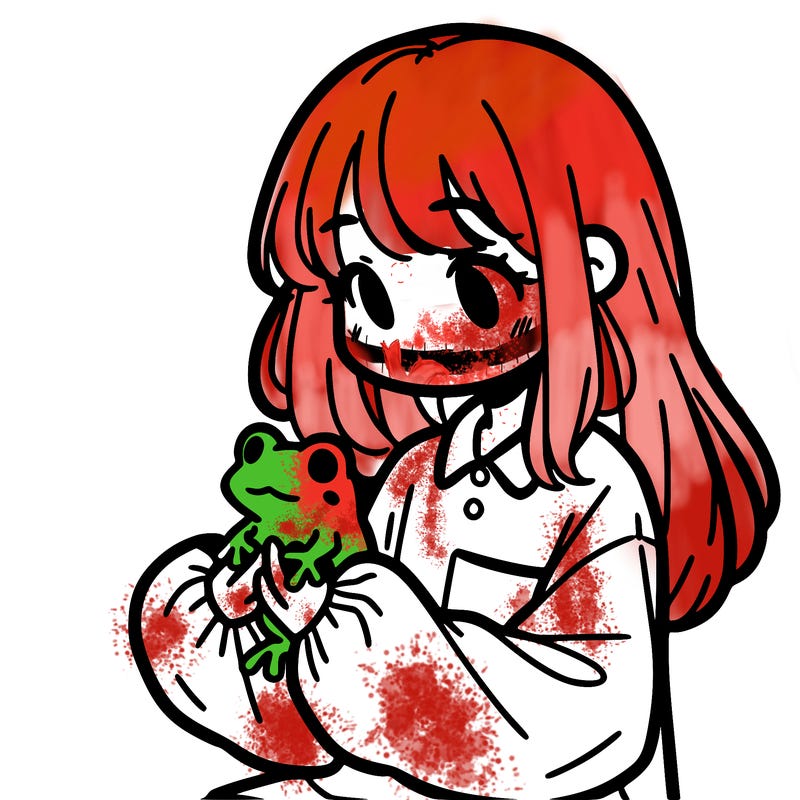 girl with long hair and a oversized shirt. and she is holding a frog
