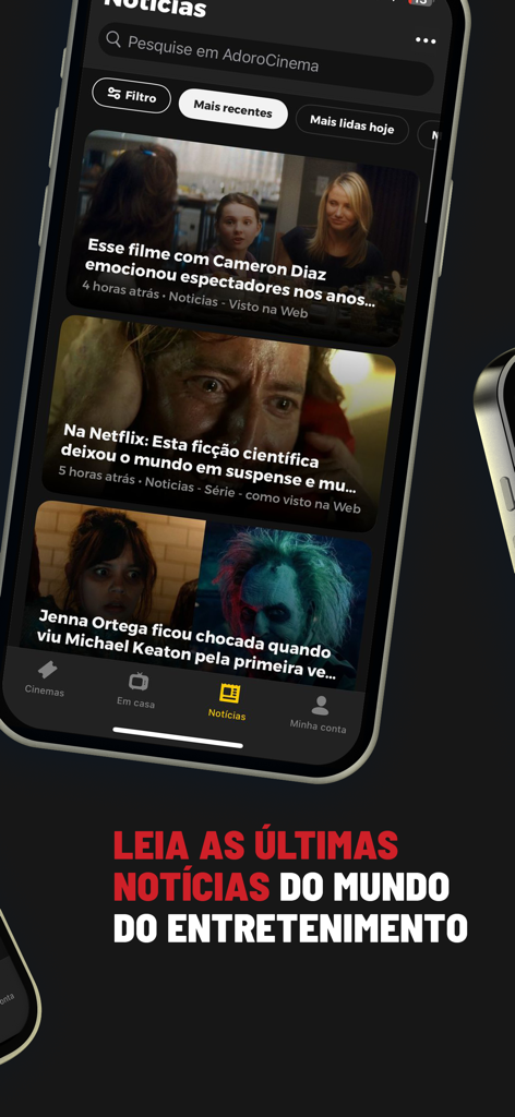 AdoroCinema - Interface of the AdoroCinema app showing the news section with articles about movies and actors