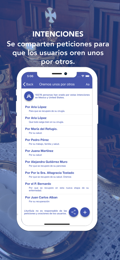 LiturGuia - Interfaz móvil de la app LiturGuia mostrando una lista de intenciones de oración compartidas y peticiones de la comunidad en español