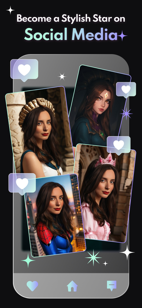 FaceVibe - AI Photo & Video - Uma colagem mostrando quatro retratos de uma mulher transformados por IA em diferentes estilos como anime, super-herói e realeza, com ícones de mídia social.