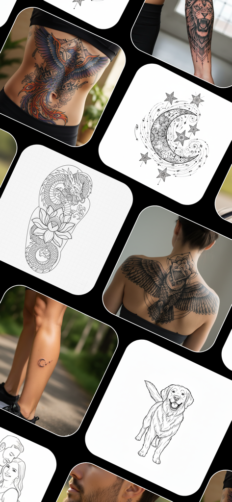 Stencify: Tattoo Stencil Maker - Grid showing various AI generated tattoo stencils and virtual try on previews on different body parts
