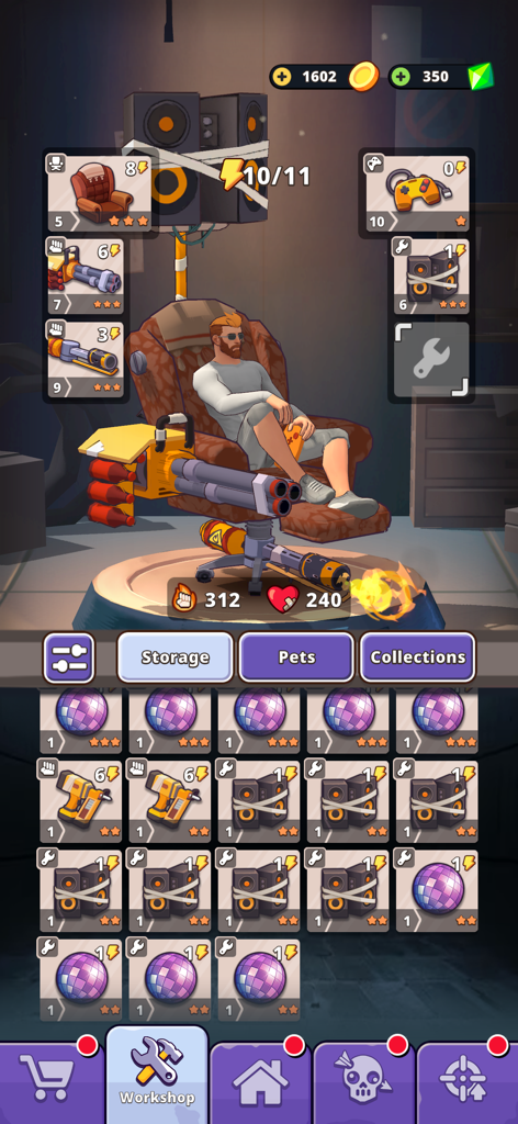 Tower Defense: Lazy Apocalypse - Pantalla del taller en Tower Defense Lazy Apocalypse mostrando un personaje sentado en un sillón de batalla equipado con armas y un inventario de objetos de mejora