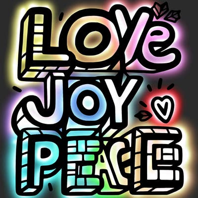the word in block letters "love, joy, peace"