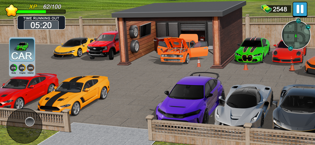 Gameplay screenshot showing a car dealership lot with various luxury and sports cars for sale