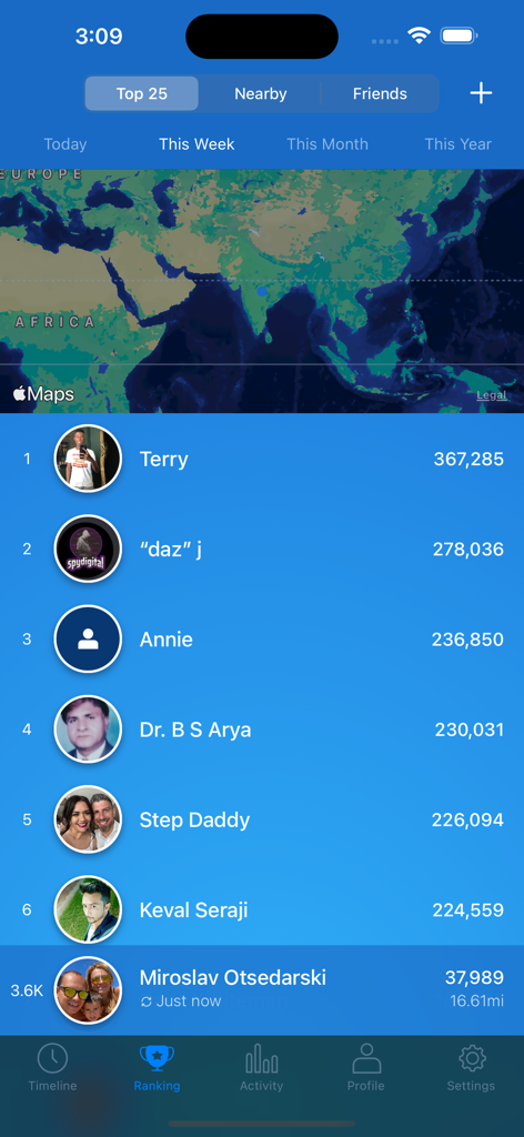 Outwalk - Outwalk app interface showing weekly step ranking leaderboard and global map
