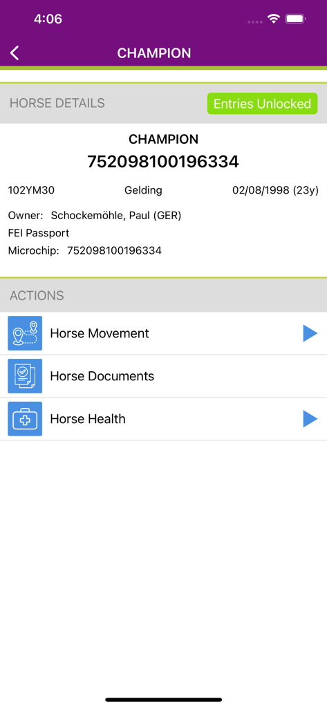 FEI HorseApp - マイクロチップや所有者情報を含む、Championという名前の馬のプロフィール詳細を表示するFEI HorseAppのモバイルインターフェース