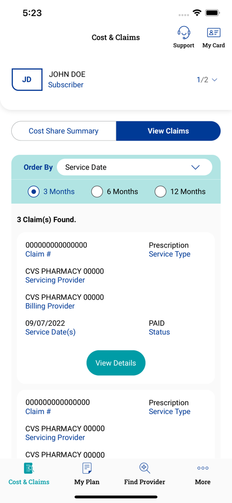 MGB Health Plan mobile app interface displaying a subscriber claims history with prescription and service details