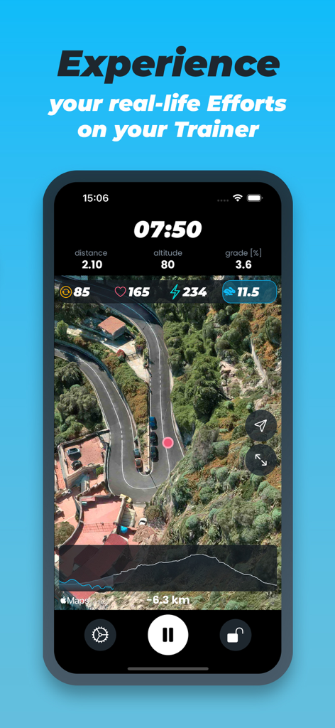 Relevateアプリインターフェースが、リアルタイム指標、心拍数、パワー、衛星マップビューを備えた屋内サイクリングトレーニングシミュレーションを示しています。