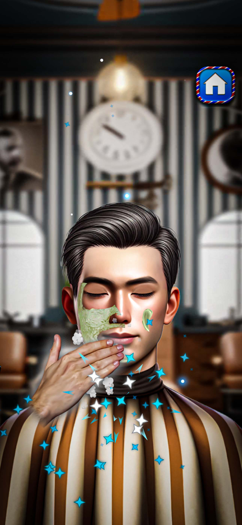 Hair Cuttery Barber Shop Games - Hair Cuttery Barber Shopシミュレーションゲームで、緑色のフェイシャルマスクのトリートメントを受けているキャラクター。