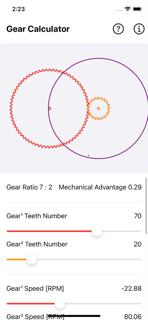 Gear Simulation & Calculation - Gear simulation and calculation app interface with visual gear meshing and parameter sliders