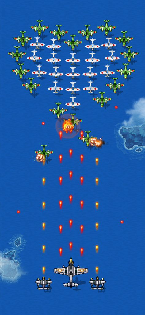 1942 Classic Arcade - Retro arcade shooter gameplay featuring a fighter plane attacking a heart shaped formation of enemy aircraft over the ocean