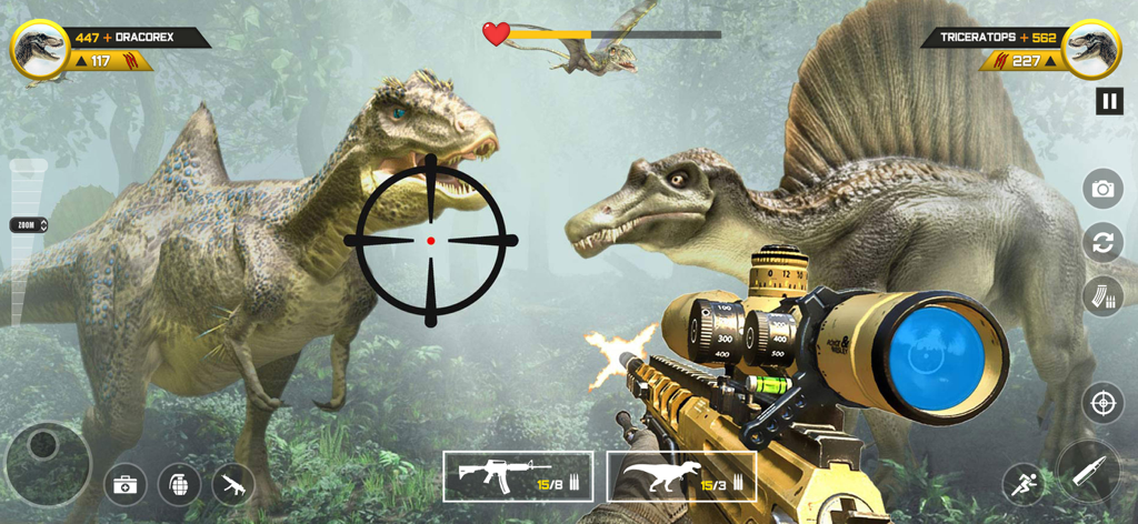 Dinosaur FPS Gun Hunting Games - First person sniper view hunting dinosaurs in a 3D forest environment.
