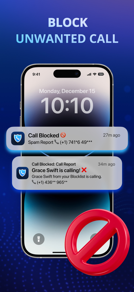 Call ID - Call Blocker - iPhone-Sperrbildschirm zeigt Benachrichtigungen von der Call ID-App, die einen Spam-Bericht und einen blockierten Anrufer blockiert