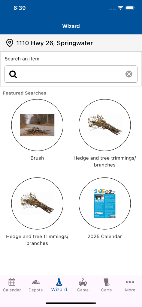 Waste Wizard search interface in the Simcoe County Collects app showing featured waste disposal categories.