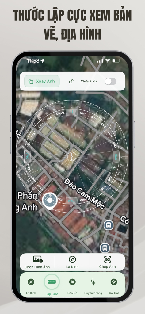 Feng Shui Compass Bach Viet - Feng Shui compass Luopan overlaying a satellite map for terrain and property orientation analysis