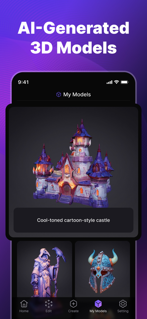 Tripo AI - 3D Model Generator - Tripo AI app interface displaying an AI-generated 3D cartoon castle and other models