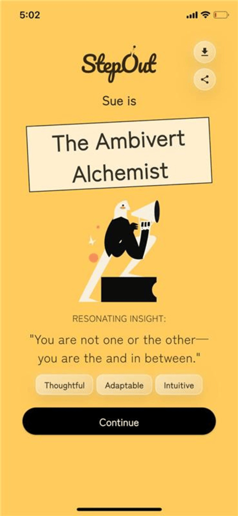StepOut World - StepOut app personality profile result for a user named Sue showing The Ambivert Alchemist type with traits like thoughtful and intuitive