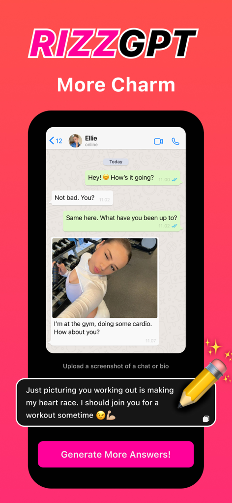 Texting AI - Wingman - RizzGPT app interface showing an AI generated flirty response to a dating chat screenshot