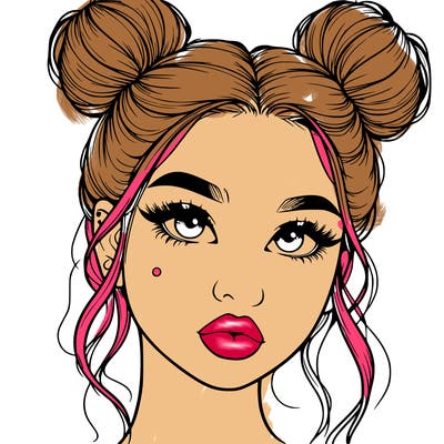 realistic girl with two buns on her hair and lips