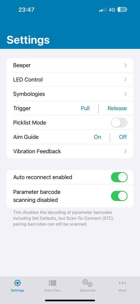 Tela de configurações do aplicativo Zebra Scanner Control mostrando opções de configuração para bipe, LED e simbologias.