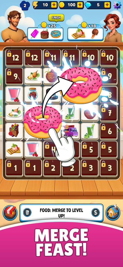 Mix and Merge Journey - A hand dragging a pink donut to merge it with another on a puzzle board in the game Mix and Merge Journey.