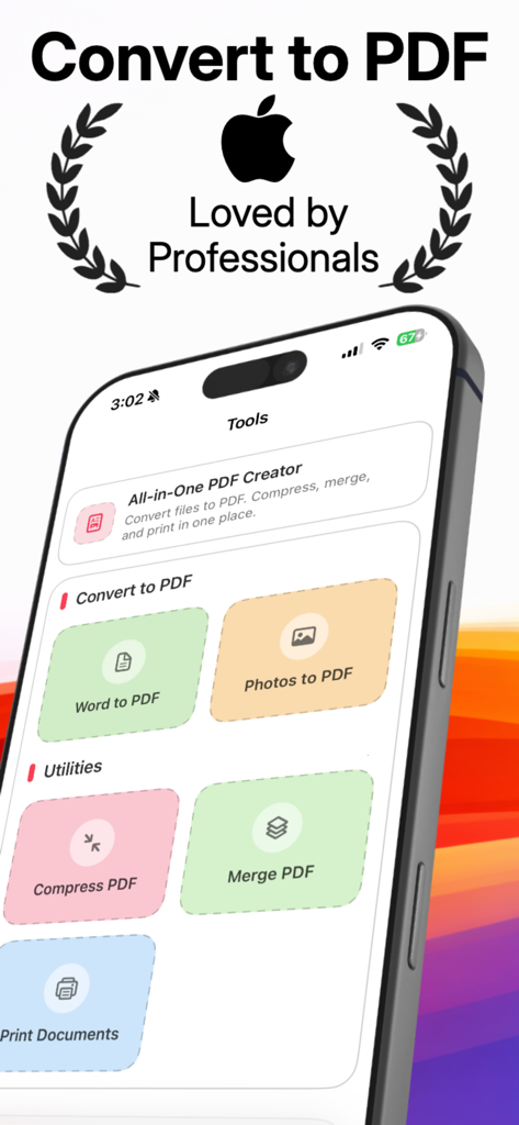 Interfaz de la aplicación PDF Converter Pro que muestra herramientas para convertir Word y fotos a PDF.