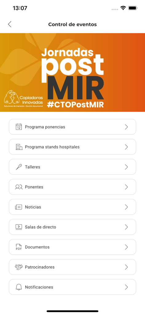 Menú de control de eventos para talleres Post MIR en la app de educación médica CTO